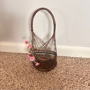 Vintage Brown Wicker Basket with Pink Accents